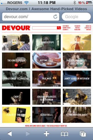 iny thumbnails being tiny. Devour.com screenshot in Mobile Safari