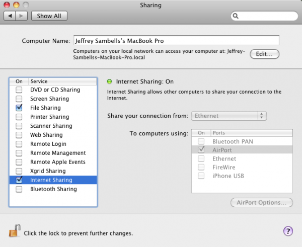 Apple's Internet Sharing Settings